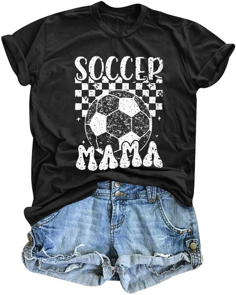 Women Soccer Mom Shirt Game Day T Shirt Soccer Mama Graphic Short Sleeve Shirt Black