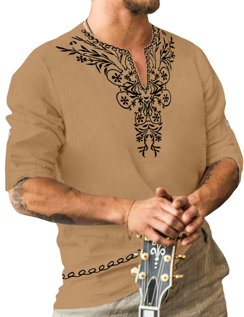 JoZorro Mens Linen Khaki Abaya Henley Shirts for Men Half Sleeve Shirt Dashiki Shirt V Neck T Shirts Vintage Men Islamic Hawaiian Shirt Clothing Ethnic Shirt Mens Thobe Long Sleeve Mens Kaftan Shirt