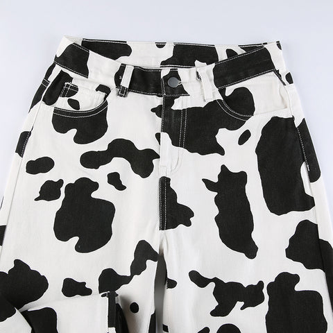 Cow Print High-Waisted Straight Leg Jeans