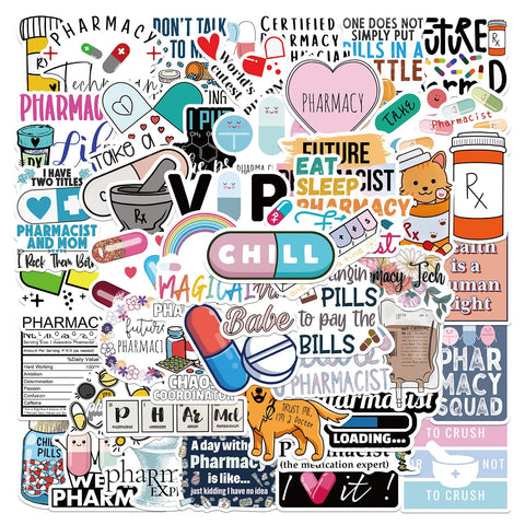 Cute Pharmacist Stickers Pharmacy Stickers Pack 50PCS Asverbet Apothecary Stickers Waterproof Vinyl Decals Stickers for Water Bottles Laptop Luggage Cup Adults Stickers