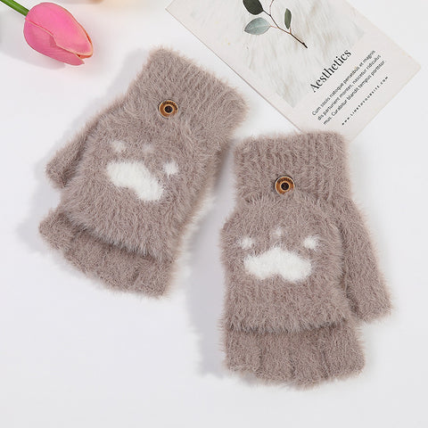 Warm Half-Finger Knit Cat Claw Gloves for Women