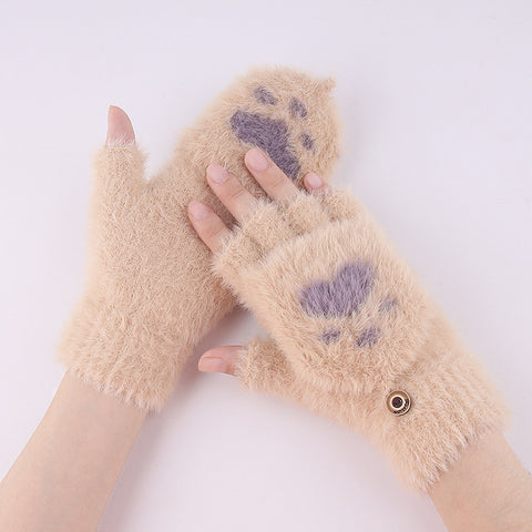 Warm Half-Finger Knit Cat Claw Gloves for Women