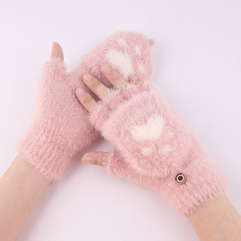 Warm Half-Finger Knit Cat Claw Gloves for Women