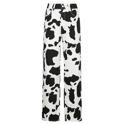Cow Print High-Waisted Straight Leg Jeans