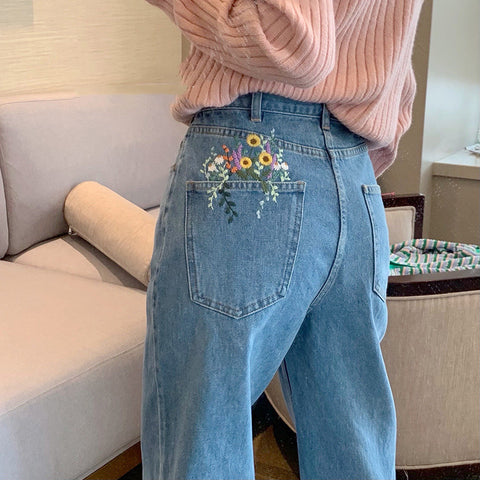 Floral Embroidered High-Waisted Loose Straight Jeans