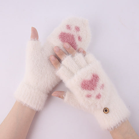 Warm Half-Finger Knit Cat Claw Gloves for Women