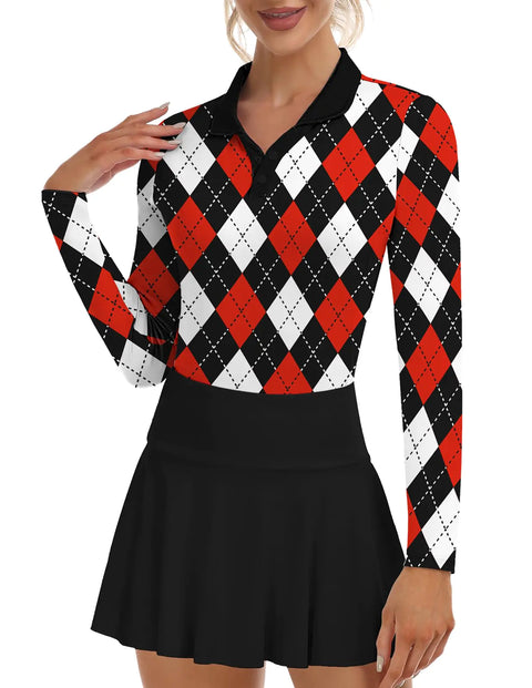 Soneven Womens Golf Shirts Moisture Wicking Long Sleeve Polo Shirts Collared V-Neck Golf Polos Shirts Argyle