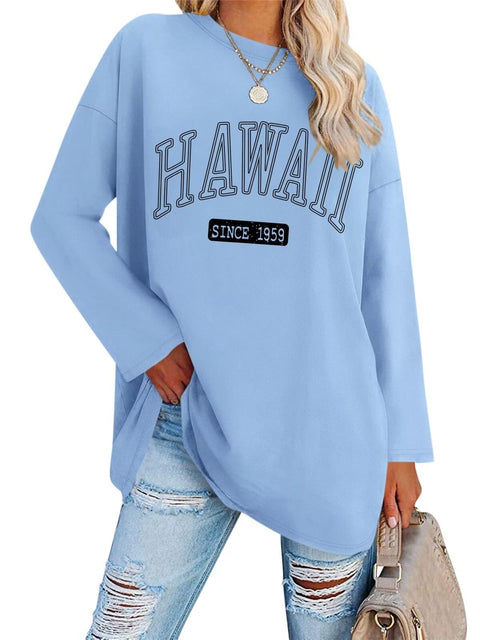 ORANDESIGNE Women Graphic Long Sleeve T Shirts Oversized Letter Print Tees Casual Crewneck Tunic Tops Hawaii Blue Large