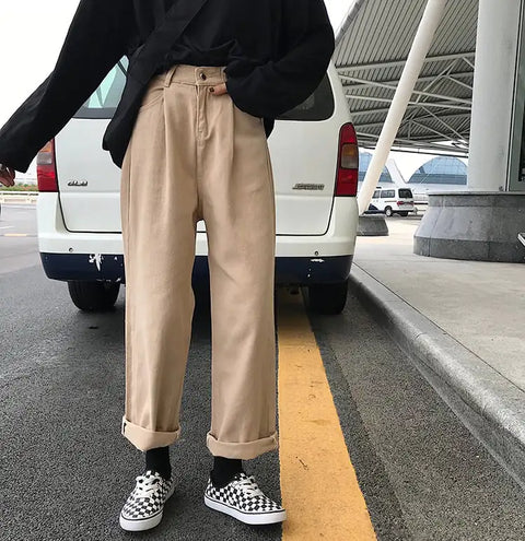 Women's Loose Wide Leg Denim Trousers in Solid Color