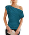 Ruched Summer Tops for Women Dressy Slimming Off The Shoulder Tops Sexy One Shoulder Asymmetrical Party Tops Blue Green L