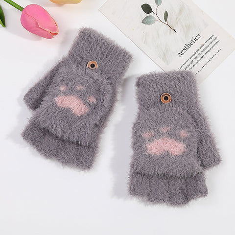 Warm Half-Finger Knit Cat Claw Gloves for Women