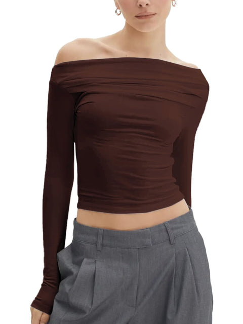 J.Corrine Womens Cropped Off Shoulder Asymmetrical Tops Long Sleeve Unique Ruched Y2K Tees Shirts Brown XS