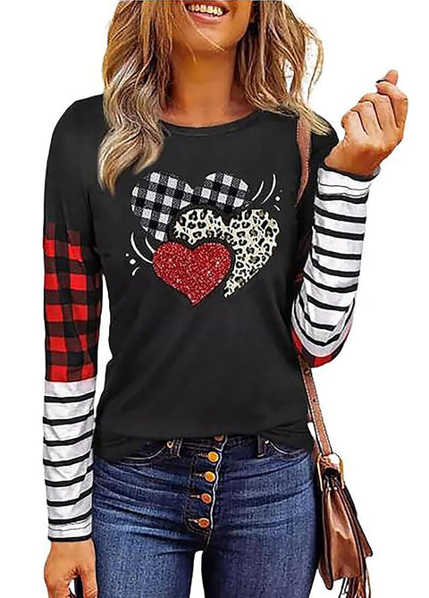 Valentine Plaid Love Heart Shirt for Women Valentines Day Long Sleeve Striped Splicing Blouse Tops Tees (Medium Black-5)