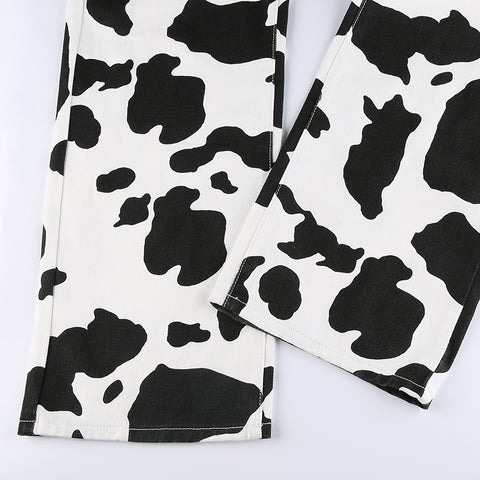 Cow Print High-Waisted Straight Leg Jeans