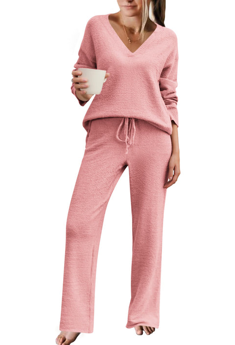Ekouaer Pajamas for Women 2 Piece Lounge Set Fuzzy Fleece Long Sleeve Pullover Sweater Top Wide Leg Pants Set Outfits TaroMedium