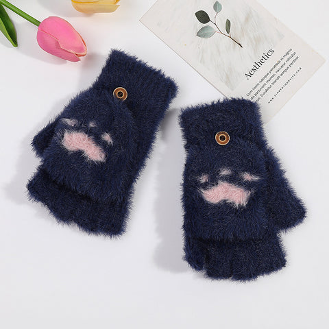 Warm Half-Finger Knit Cat Claw Gloves for Women