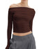 J.Corrine Womens Cropped Off Shoulder Asymmetrical Tops Long Sleeve Unique Ruched Y2K Tees Shirts Brown XS