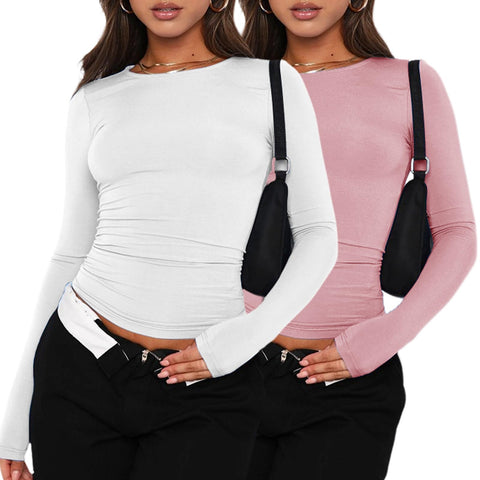 YGOODM Womens Long Sleeve Shirts Pack Crew Neck Crop Tops Solid Slim Fit Tees Casual Basic Y2K Tshirts(M)