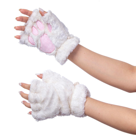 Vonokee Women Halloween Costume Cat Paws GlovesNovelty Faux Fur Bear Paw Fingerless Mittens Plush Lion Claw Gloves (White)
