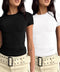 2 Piece Basic Short Sleeve Tees for Women Tight Shirts Y2k Crop Top Fitted T Shirt Summer Going Out Tops Dupes (2 Pack Black White L)