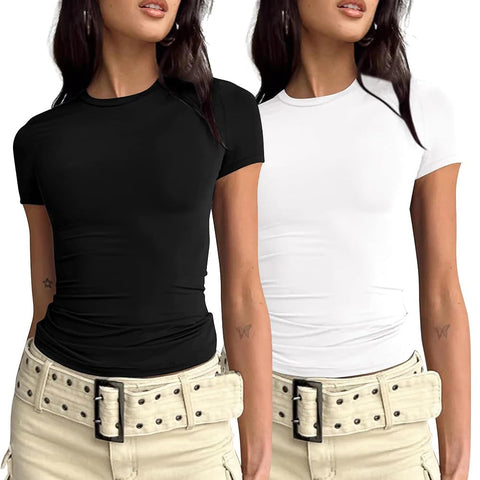 2 Piece Basic Short Sleeve Tees for Women Tight Shirts Y2k Crop Top Fitted T Shirt Summer Going Out Tops Dupes (2 Pack Black White L)