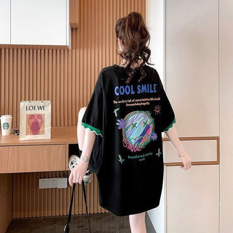 Patchwork Print Oversized Women's Casual T-Shirts