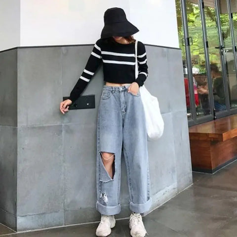Chic High Waist Loose Wide-leg Trousers for Students
