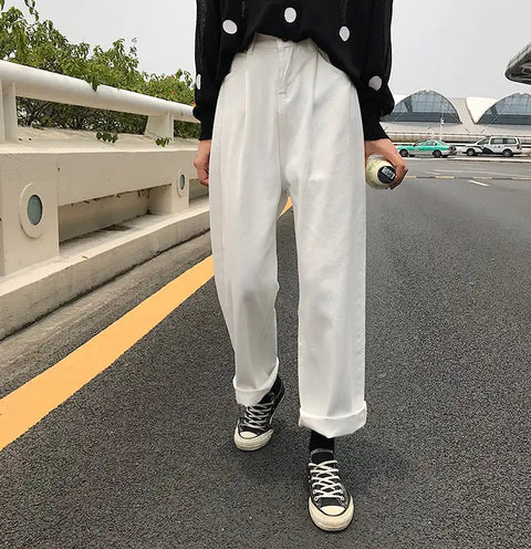 Women's Loose Wide Leg Denim Trousers in Solid Color